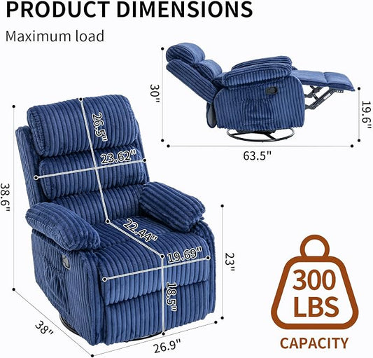 Premium Velvet 360° Swivel Recliner - High Back Gliding Rocking Chair Nursery Recliner Chair, Plush Footrest, Supportive Armrests & Side Pocket, Great for Nursery & Living Room, Blue