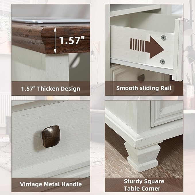 SAVOR LIFE Farmhouse Side Table with Charging Station, Antique Nightstands with Drawers, Bedside Table with Open Shelf for Bedroom, White