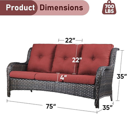 Outdoor Couch All Weather PE Wicker Patio Sofa Outdoor Sofa Deep Seating for Porch Deck Backyard-Brown/Red