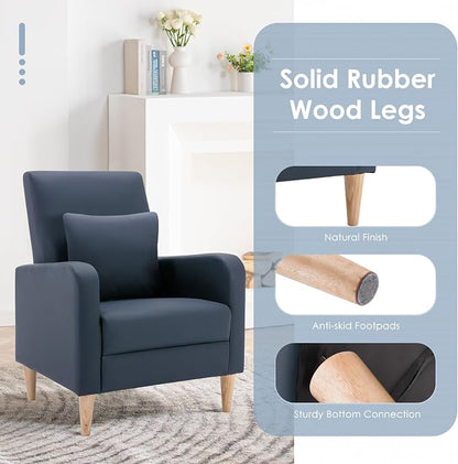 COLAMY Mid-Century Modern Accent Chairs Set of 2, Faux Leather Upholstered Living Room Chairs with Back Pillow & Solid Wood Legs, Comfy Armchair for Living Room, Bedroom, Single Sofa, Dark Blue
