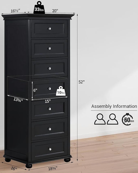 Tall Skinny Dresser for Bedroom with 7 Drawers, Black Narrow Wood Dresser | Tall Vertical Chest of Drawers Dresser for Closet Storage, Silent Glide System, Zinc Alloy Knobs, 20" W x 16.5" D x 52" H