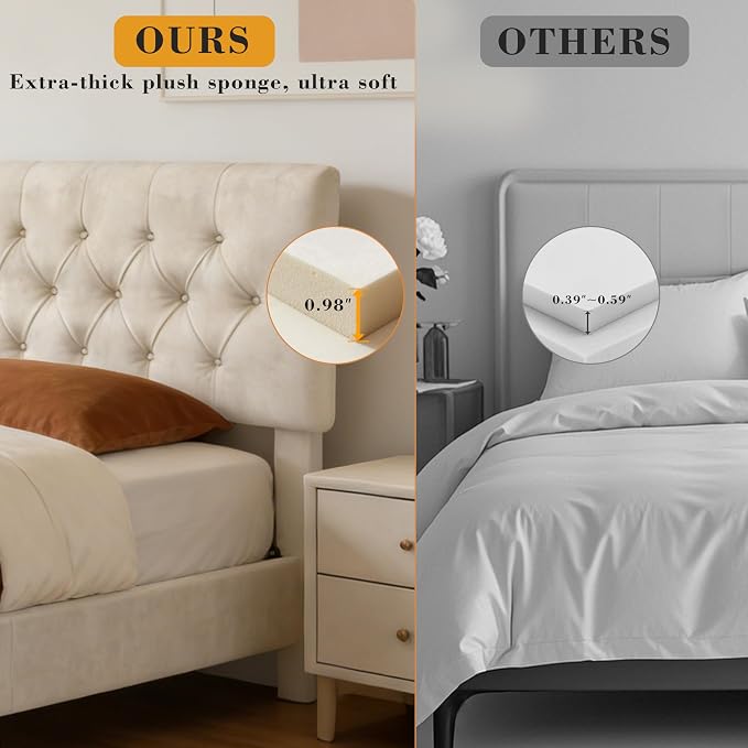 Queen Size Bed Frame with Headboard, Luxury Velvet Fabric Upholstered Bed frame with Button Tufted Design, Strong Wooden Slats Support - Low & Sturdy, Noise-Free, No Box Spring, Easy Assembly, Beige | Plush velvet