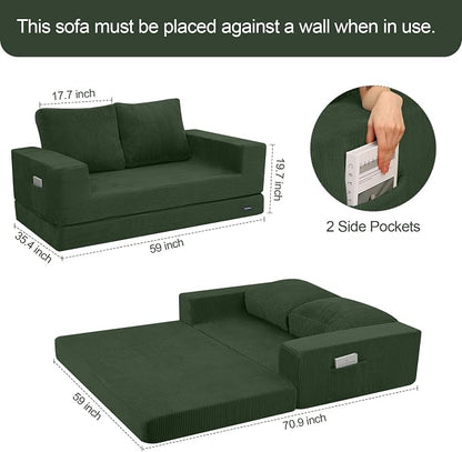 COMAX Futon Sofa Bed, Convertible Sofa Bed, Folding Boneless Couches | Boneless Couch for living room, 4‑in‑1 Fold Out Small Foldable Loveseat Floor Sleeper Mattress Lounge Space‑Saving, Green
