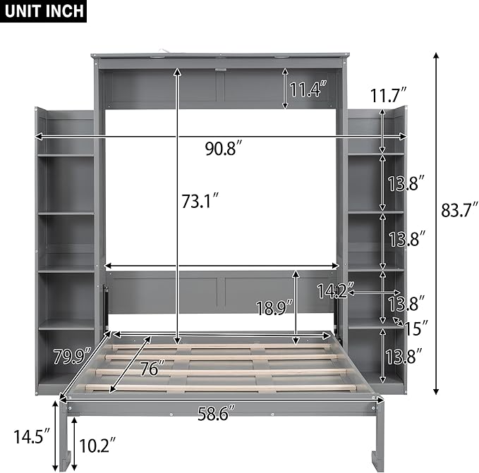 MERITLINE Full Murphy Bed Kit with Storage 8 Shelves and LED Lights, Wood Murphy Bed Cabinet Murphy Bed in a Cabinet Grey Murphy Wall Bed Units Full Size, LP00069