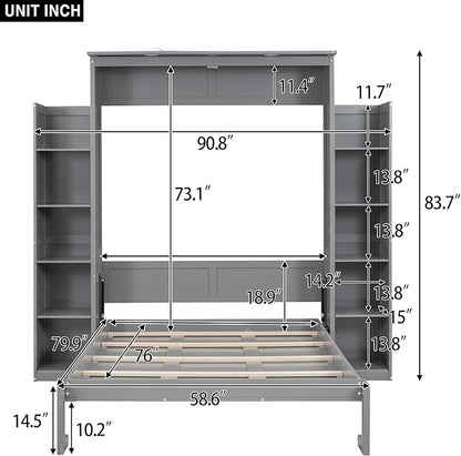 MERITLINE Full Murphy Bed Kit with Storage 8 Shelves and LED Lights, Wood Murphy Bed Cabinet Murphy Bed in a Cabinet Grey Murphy Wall Bed Units Full Size, LP00069