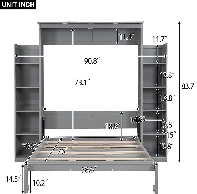 Ball & Cast Full Size Murphy Bed Wall Bed with Shelves and LED Lights,can be Folded,Hideaway Cabinet Bedframe W/ 2 Five-Layer Cabinets,Slat Support,No Box Spring Needed,for Apartment,Bedroom,Gray