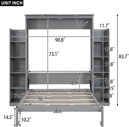 Ball & Cast Full Size Murphy Bed Wall Bed with Shelves and LED Lights,can be Folded,Hideaway Cabinet Bedframe W/ 2 Five-Layer Cabinets,Slat Support,No Box Spring Needed,for Apartment,Bedroom,Gray