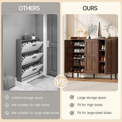 ONBRILL Shoe Cabinet with 3 Doors and Adjustable Shelves, 30 Pairs Shoe Storage Cabinet, 40 Inch Tall Farmhouse Shoe Rack Shoe Organizer Cabinet for Entryway Living Room Closet, Walnut