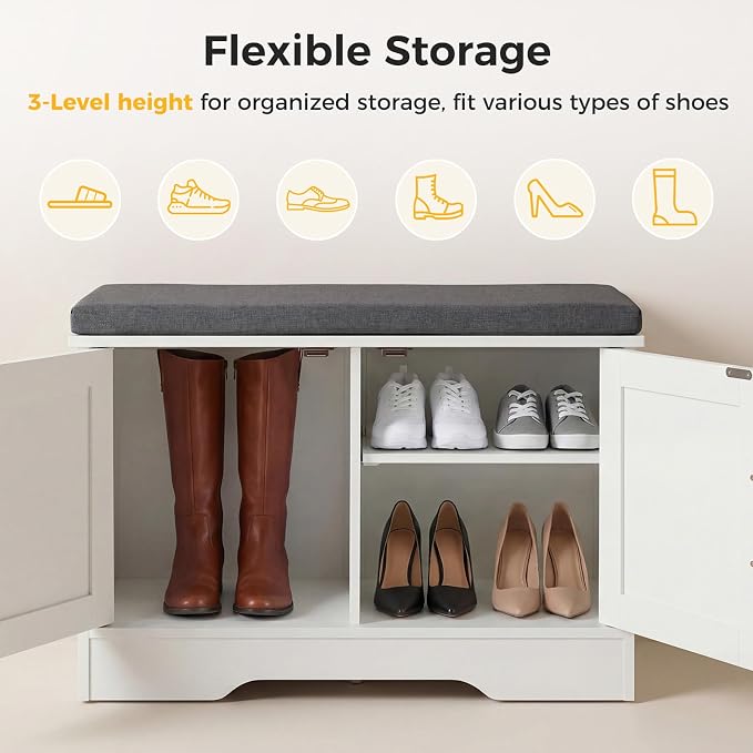 28" Shoe Bench, with Storage with Padded Seat Cushion, Modern 4-Door Shoe Cabinet with Adjustable Shelf for Entryway, Bedroom, Living Room, White