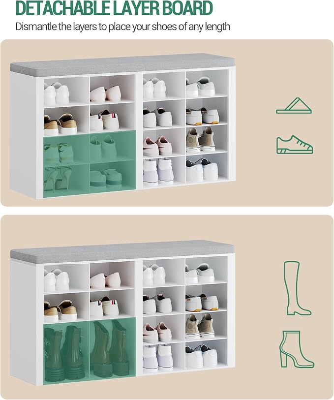 Hzuaneri Shoe Bench with Cushion, Entryway Storage Bench with 16 Cubbies, Cubby Shoe Rack with Adjustable Shelves, Shoe Organizer Cabinet for Living Room, Bedroom, Entryway, White SB25603GY