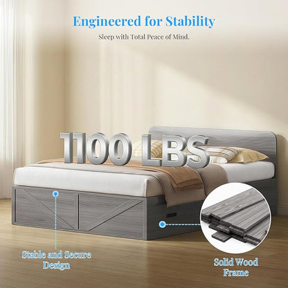 PUREMIND Murphy Bed Full with Mattress Included, Wood Cabinet Bed with Dual Storage Drawers & 2 Pillows, 3-in-1 Convertible Sofa Beds for Small Space, Guest Room, Home, Gray