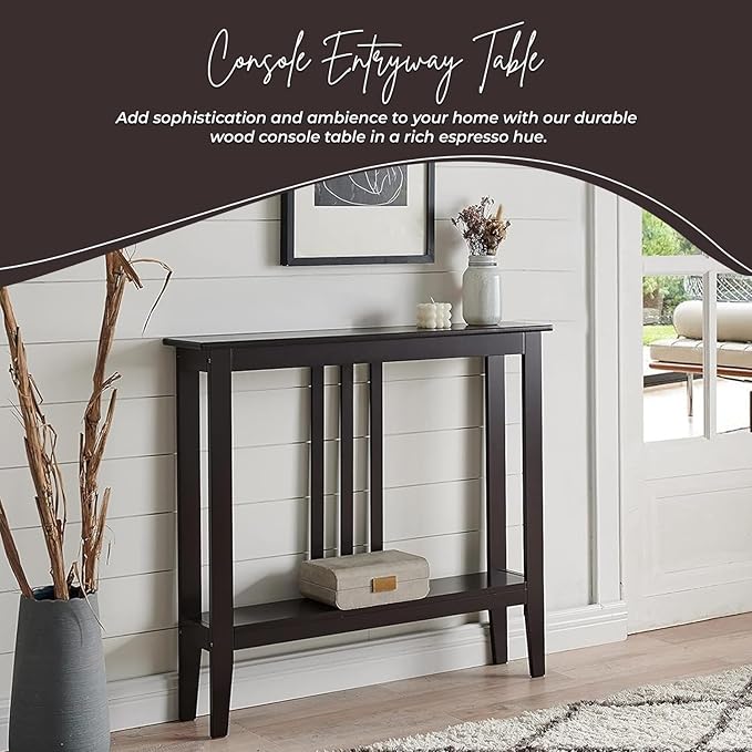 Kings Brand Narrow Console Table w/Storage Shelf, Sofa Entryway, Espresso | Narrow Console Table with Storage Shelf – Slim Design Fits Entryways, Hallways, Behind Sofas, Shelf Décor, Books, Essentials