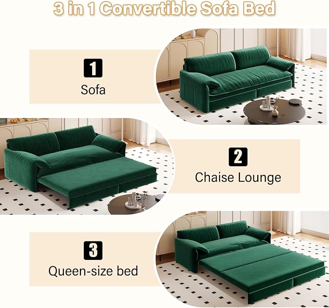 66" Sleeper Sofa Bed Queen Size, 3-in-1 Convertible Couch, Modern Pull Out Couches, Comfy Velvet Futon Sofa, Cloud Loveseat Lounge, Pillow Arm, for Small Spaces, Living Room, Apartment, Green