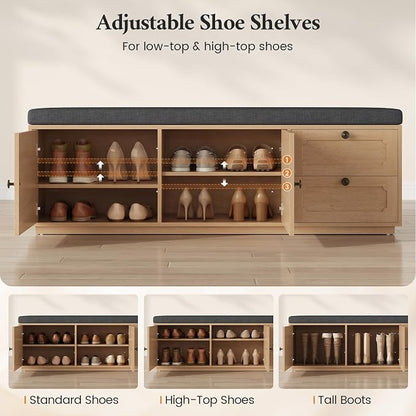 59" Storage Bench with Drawer, 2-Tier Shoe Bench with Doors, Long Entryway Bench, Thickened Cushion, Adjustable Shelf, Recessed Design for Entryway, Bedroom, Living Room, Natural