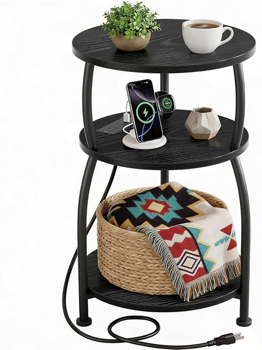 Round Side Table with Power Outlet & USB Ports, 3-Tier End Table with Storage Shelf, 15.7" Wide Nightstand for Small Spaces, Tall Bedside Table Capable of Charging Laptops & Phones, Black