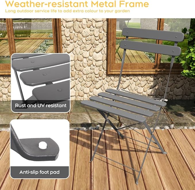 Bistro Table Set, 3 Piece Grey Folding Patio Furniture Set with 2 Chairs and Coffee Table Outdoor Indoor Balcony Seating for Garden Yard Patio Porch