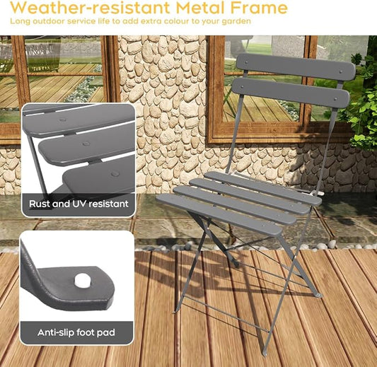 Bistro Table Set, 3 Piece Grey Folding Patio Furniture Set with 2 Chairs and Coffee Table Outdoor Indoor Balcony Seating for Garden Yard Patio Porch