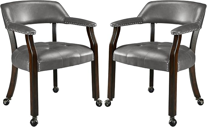 LEEMTORIG Set of 2 Large Dining Chairs with Casters and Arm, Rolling Dining Chairs with Wheel, Poker Table Chairs, Boss Caption's Chairs, 26"D x 25.2"W x 31.5"H, Espresso Legs & Dark Grey, XXY-1910-DG