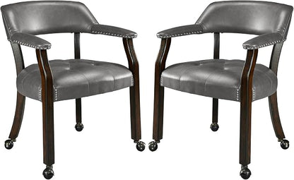 LEEMTORIG Set of 2 Large Dining Chairs with Casters and Arm, Rolling Dining Chairs with Wheel, Poker Table Chairs, Boss Caption's Chairs, 26"D x 25.2"W x 31.5"H, Espresso Legs & Dark Grey, XXY-1910-DG