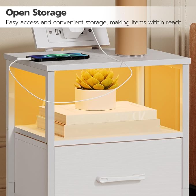 HOOBRO Nightstand with Charging Station, Bedside Table with LED Lights and 2 Fabric Drawers, End Table with 2 AC Outlets and USB Port, Small Night Stand for Bedroom, White WT118UDBZ01