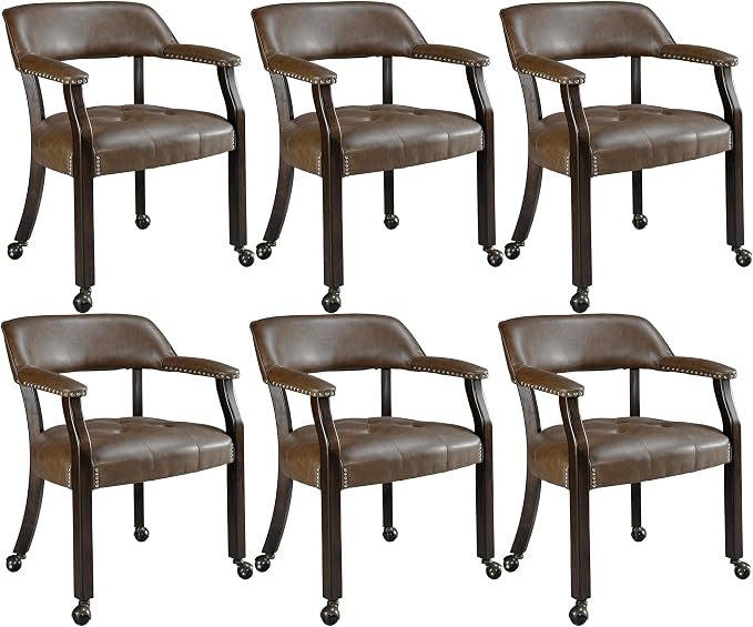 LEEMTORIG Set of 6 Large Dining Chairs with Casters and Arms, Rolling Dining Chairs with Wheels, Wood Boss Caption's Chairs, 26" D x 25.2" W x 31.5" H, Espresso Legs & Choalate PU, XXY-1910-BN