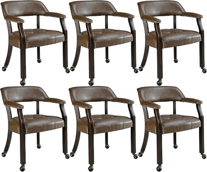 LEEMTORIG Set of 6 Large Dining Chairs with Casters and Arms, Rolling Dining Chairs with Wheels, Wood Boss Caption's Chairs, 26" D x 25.2" W x 31.5" H, Espresso Legs & Choalate PU, XXY-1910-BN