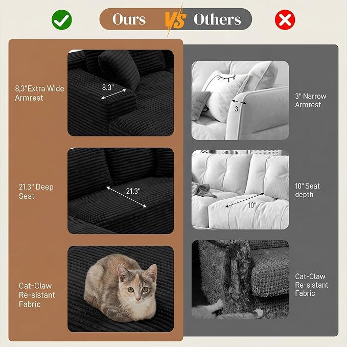 96" L Shaped Cloud Boneless Sectional Couches for Living Room, Modern Comfy Modular Deep Seat Memory Foam Compressed Corduroy Sofa Oversized Left Facing Chaise, No Assembly Required, Balck