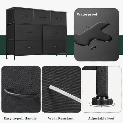 7-Drawer Dresser for Bedroom, Anti-Tip Wide Storage Organizer Fabric Chest of Drawers TV Stand for 45" TV with Wooden Top and Metal Frame for Closet, Living Room, Hallway, Entryway, Black
