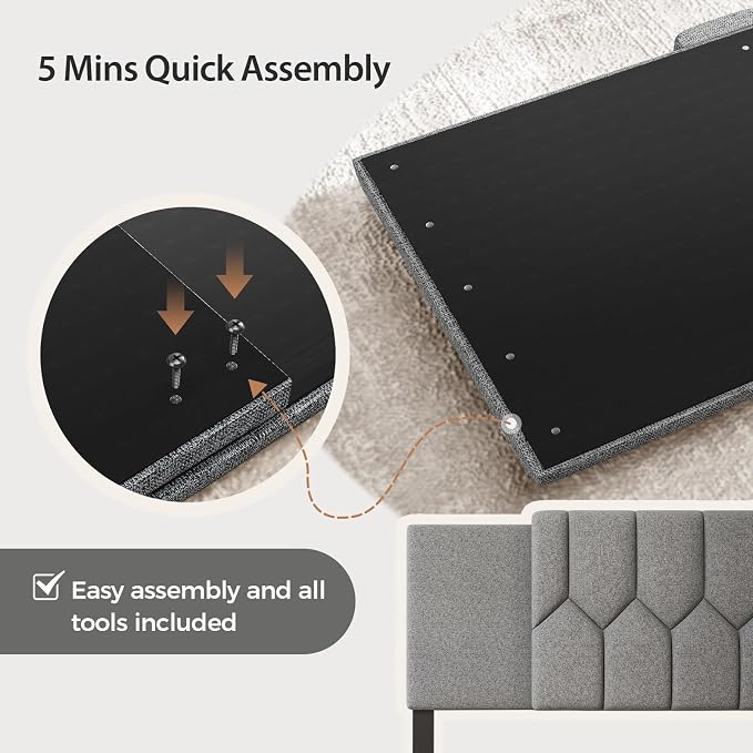 Upholstered Tufted Headboard, 3 in 1 Headboard for Full/Queen/King Size Bed, Height & Width Adjustable Head Boards, Attach Frame, Study & Comfortable, Ideal for Bedroom, Dorm, Guest Room, Grey