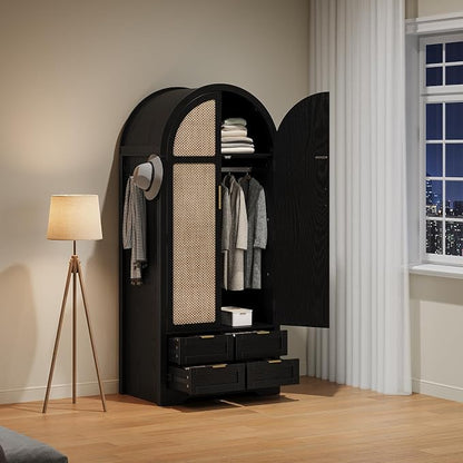 Armoire Wardrobe Closet with 4 Drawers - Wood Bedroom Armoires and Wardrobes with Rattan Doors for Hanging Clothes, Clothing Cabinet Arched Closets for Cloak Room, Large Capacity Storage Black