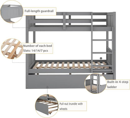 Merax Trundle Bunk Bed, Full Over Full Wood Bunk Bed with Twin Size Trundle, Guardrail and Ladder, Can be Separated into 2 Beds, Grey