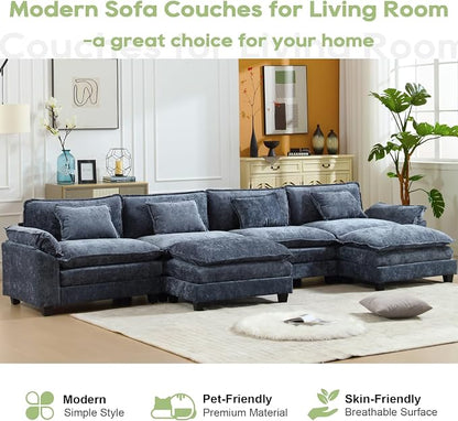 Oprisen 154" Modular Sectional Sofa, Comfy Cloud Couch Sectional Sofa with Ottoman, Chenille Sofa Sleeper Deep Seat Sofa with Throw Pillows for Living Room (Blue, 154"- U Shape)