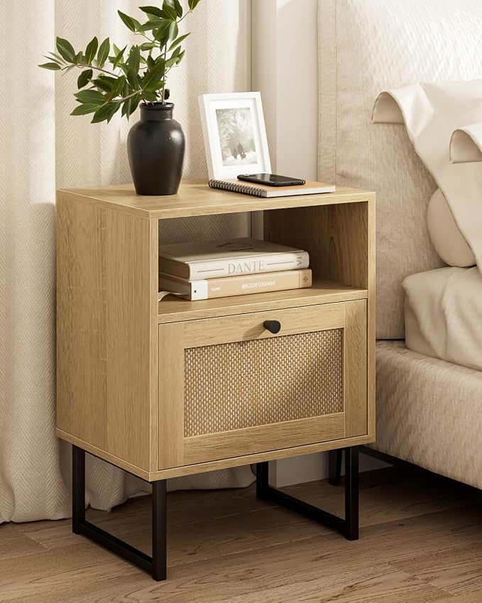 Masupu Extra Large Rattan Nightstand,Modern Boho Farmhouse Wood Bedside Table with Storage Drawer and Open Shelf, Black Frame Side End Table for Bedroom,Living Room,Office (Natural)