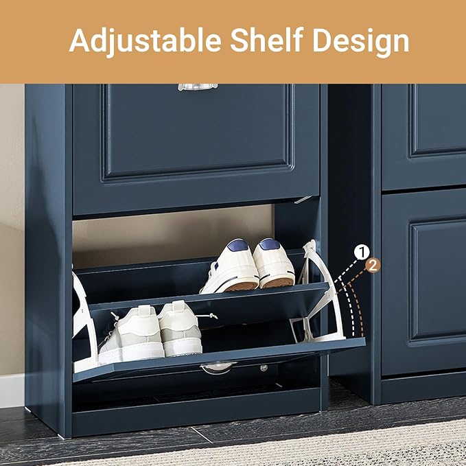 Haotian Slim Shoe Cabinet, Shoe Rack with Doors, Shoe Storage Cupboard Organizer Unit for Entryway 2 Flip-Drawers, Hallway and Bedroom Navy FSR78-B