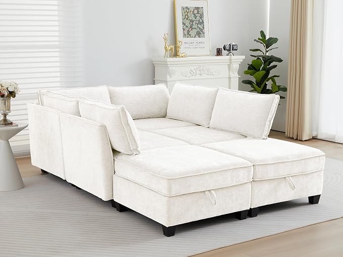 ORRD Sleeper Modular Sectional Sofa Set, Convertible Couch Bed with Storage, 6 Seater and 4 Armrestes Sofa Modular for Living Room, Office (Beige)