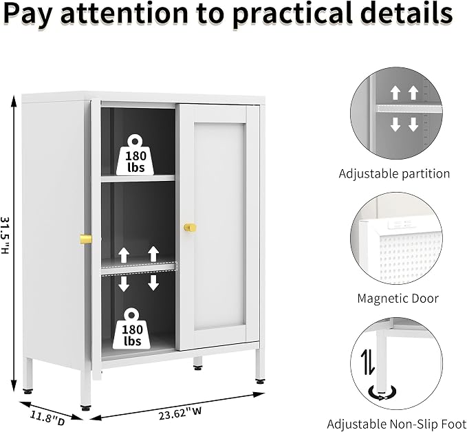 White Metal Storage Cabinet with 2 Doors - 31.5''H Bathroom Floor Storage Cabinet, 3 Tier Locker with Adjustable Shelves, Bathroom Cabinet for Office, Home, Living Room, Kitchen