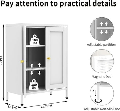 White Metal Storage Cabinet with 2 Doors - 31.5''H Bathroom Floor Storage Cabinet, 3 Tier Locker with Adjustable Shelves, Bathroom Cabinet for Office, Home, Living Room, Kitchen