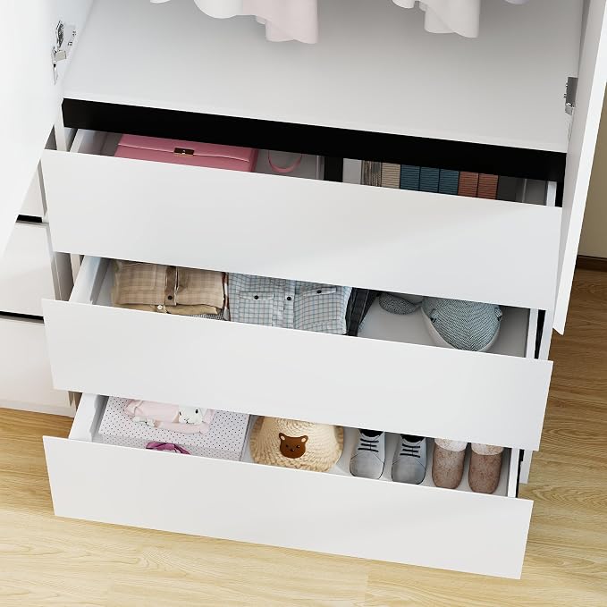 Wooden Wardrobe Closet with 2 Doors: 75" Bedroom Armoire Wardrobe Closet with 3 Drawers, White Cabinet with Hanging Shelves, Large Storage Cabinet (Modern, 1)