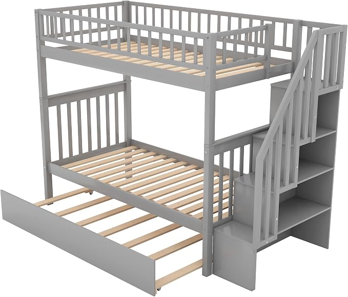 Twin Over Twin Bunk Beds with Staircase and Trundle Bed, No Box Spring Needed for Teens, Boys or Girls