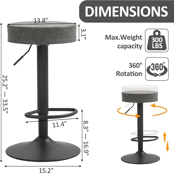 Finnhomy Bar Stools Set of 2 Counter Height, Swivel Barstools with Footrest and Backless Round, Height Adjustable Modern Bar stools for Kitchen, Vintage Leather, Retro Grey