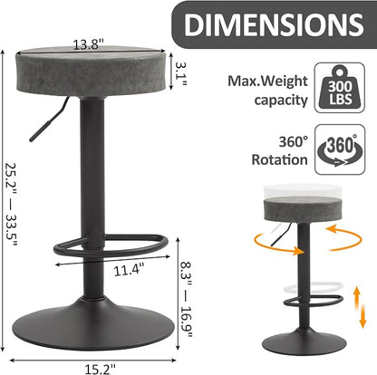 Finnhomy Bar Stools Set of 2 Counter Height, Swivel Barstools with Footrest and Backless Round, Height Adjustable Modern Bar stools for Kitchen, Vintage Leather, Retro Grey