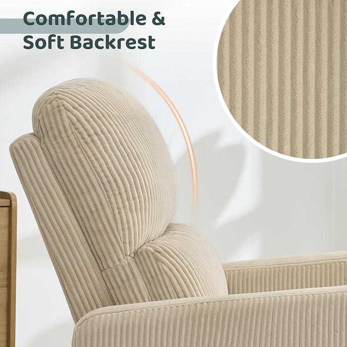 Swivel Rocker Recliner, Oversized Power Recliner Nursery Glider with Removable Cushion, Upholstered Corduroy Swivel Reclining Chairs for Nursery Living Room Bedroom, Camel