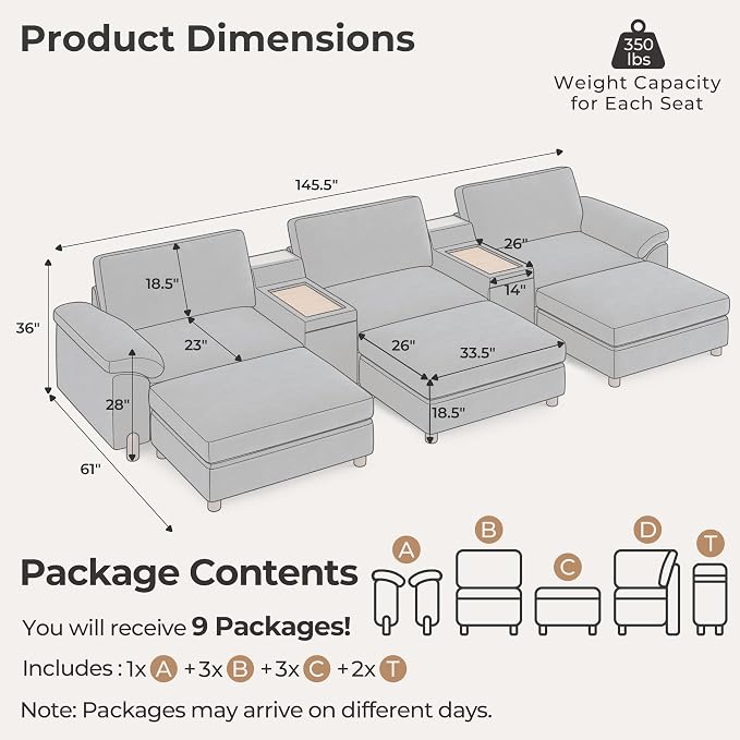SITJOY Large Cloud Couch, 146" Wide 3 Seater Bed with Console, Navy Blue | Detachable and Washable Chenille Cover Sectional Sofas for Living Room, Deep Seat Wide Couch with Chaise, Storage Ottoman