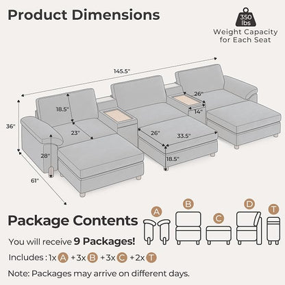 SITJOY Large Cloud Couch, 146" Wide 3 Seater Bed with Console, Navy Blue | Detachable and Washable Chenille Cover Sectional Sofas for Living Room, Deep Seat Wide Couch with Chaise, Storage Ottoman