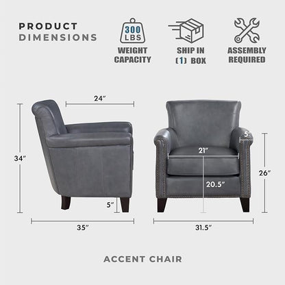 Lexicon 100% Top Grain Genuine Leather Chair, Leather Accent Chairs for Living Room, Solid Wood Frame, Rolled Armrest & Nailhead Trim, Comfy Reading for Bedroom, Office, Waiting Room, Burnish Gray