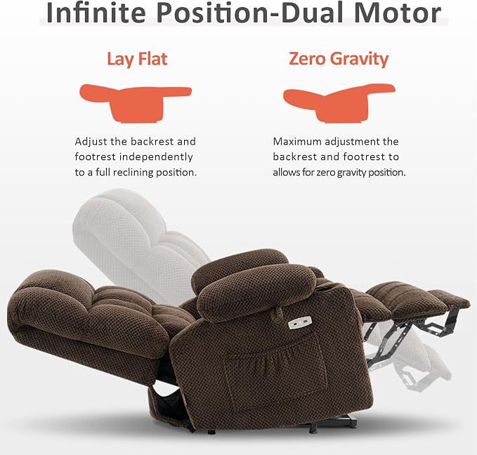 MCombo Large Dual Motor Power Lift Recliner Chair for Elderly, Zero Gravity Lift Chair with Heat and Massage, Infinite Position Lay Flat Recliner, USB Ports, Cup Holders, Fabric 7896 (Large, Mocha)