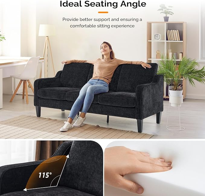 VINGLI Black Couches for Living Room, 71" Small Couch Comfy 3 Seater Upholstered Chenille Sofa Mid-Century Modern Floor Sofas for Small Spaces, Bedroom, Apartment, Lounge, Office