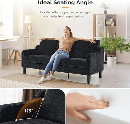 VINGLI Black Couches for Living Room, 71" Small Couch Comfy 3 Seater Upholstered Chenille Sofa Mid-Century Modern Floor Sofas for Small Spaces, Bedroom, Apartment, Lounge, Office