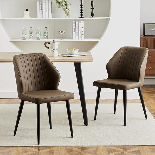 CLIPOP Dining Chairs Set of 2, Faux Leather Dining Chairs, Mid-Century Modern Dining Room Chairs, Upholstered Kitchen Chairs, Metal Legs/Backrest, Accent Leisure Chair for Guest Reception Room - Brown