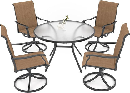 Outdoor Patio Set, 40"x 40"x 28" Round Glass Dining Table and 4pcs Swivel Chairs, All-Weather Patio Furniture Set with 1.7" Umbrella Hole for Garden Backyard Lawn Poolside